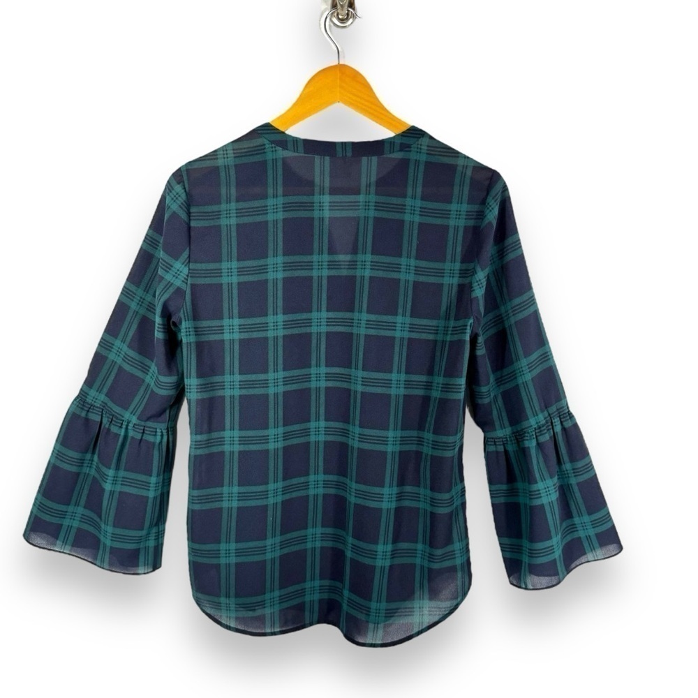 J Crew Factory V Neck Bell Sleeve Holiday Blouse, Black Watch Plaid, Size Small - Picture 10 of 10